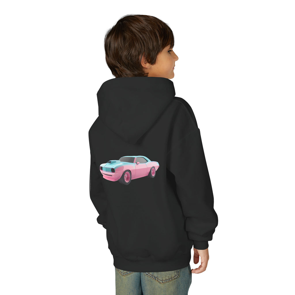 Youth Hoodie — 'CLASSIC' Retro Pink & Teal Muscle Car Graphic