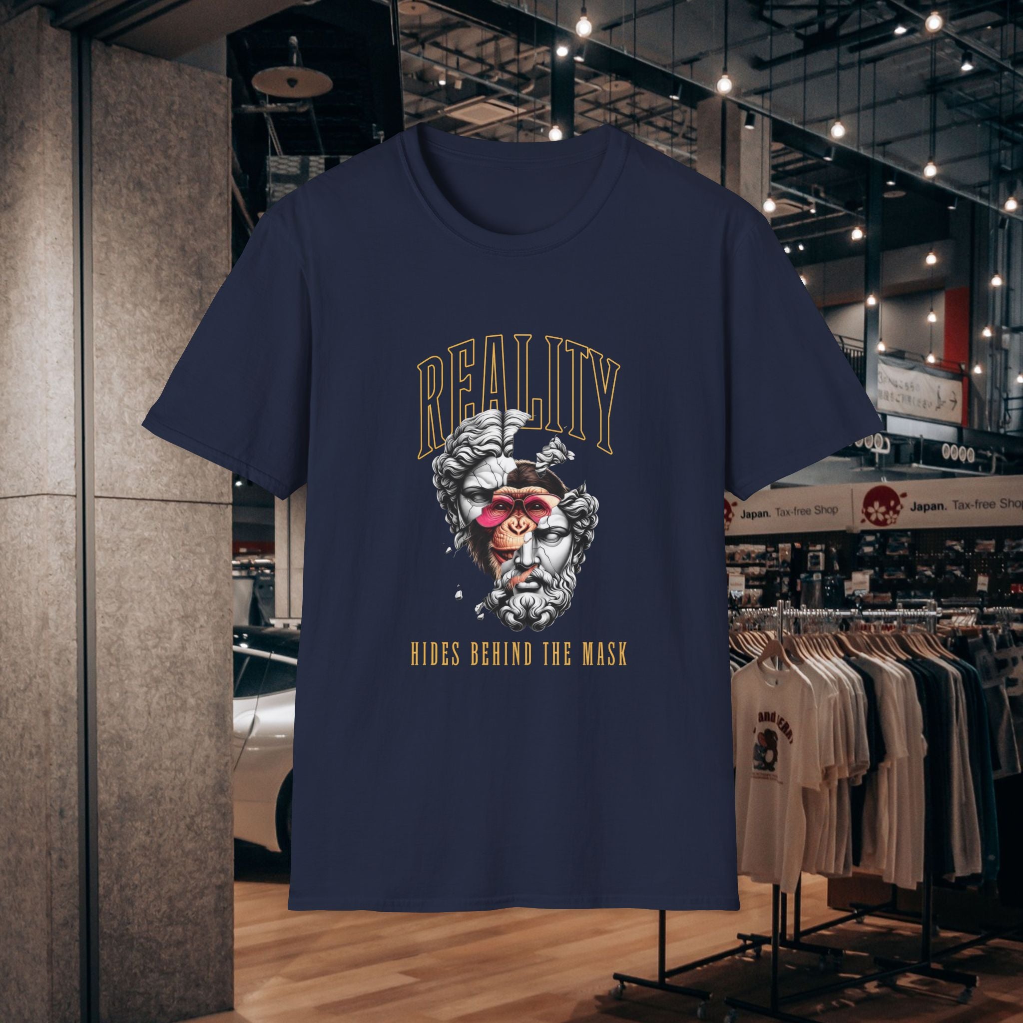 Reality Mask T-Shirt — Vintage Statue Graphic Tee ("Reality: Hides Behind The Mask")