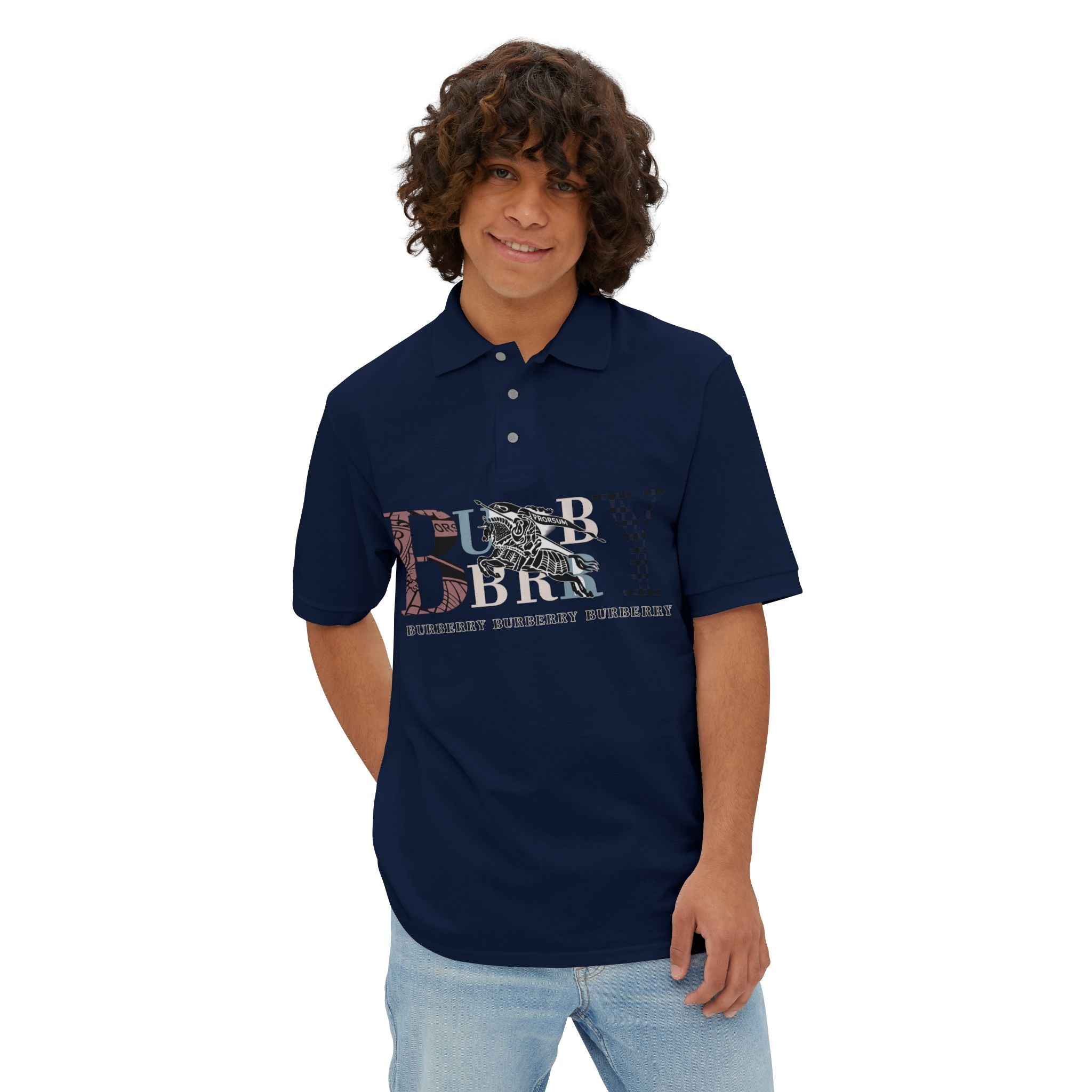 Men's Polo Shirt — Vintage Burbury Logo Graphic with Equestrian Emblem
