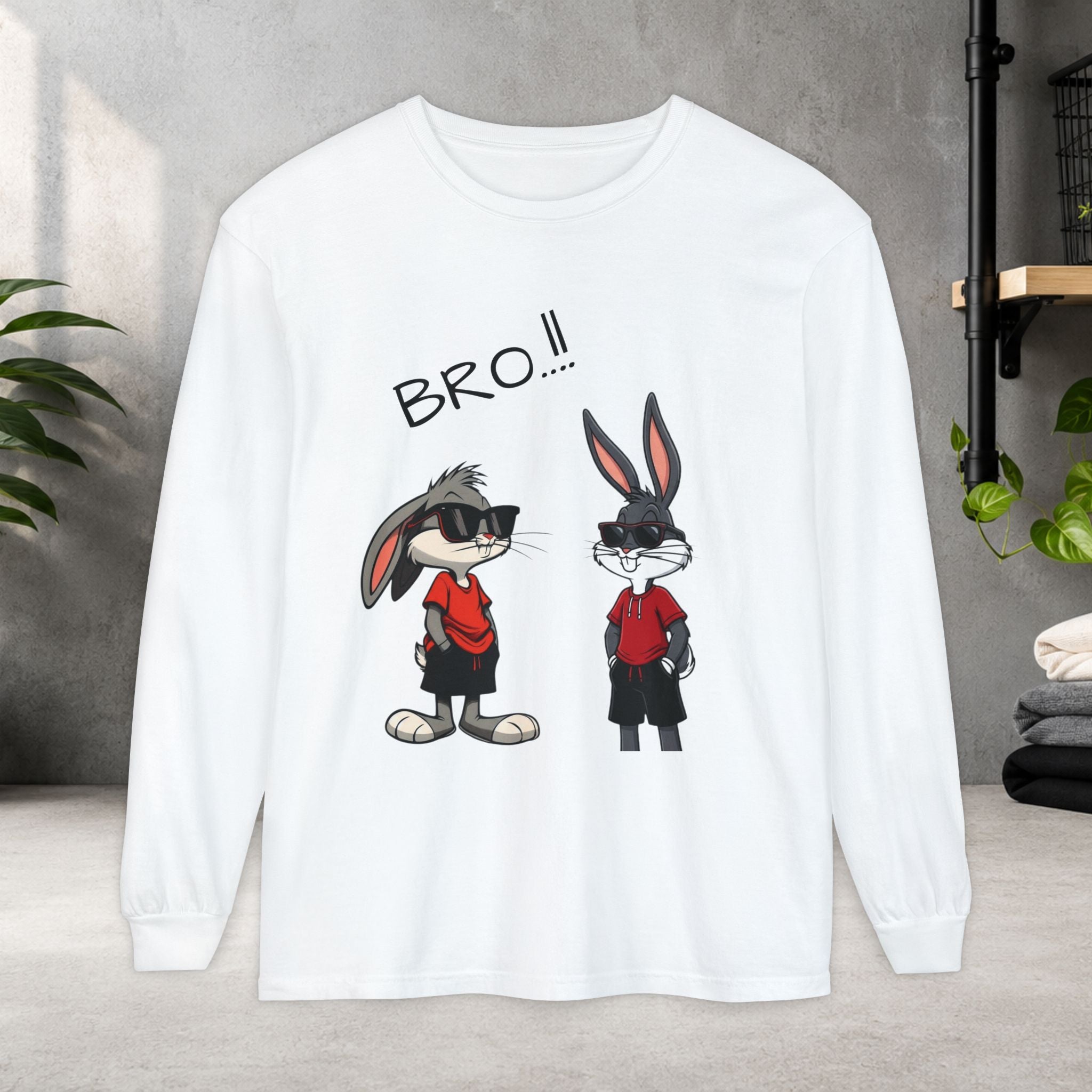 Bro! Cartoon Bunny Brothers Long Sleeve Tee — Funny Retro Rabbit Graphic Shirt