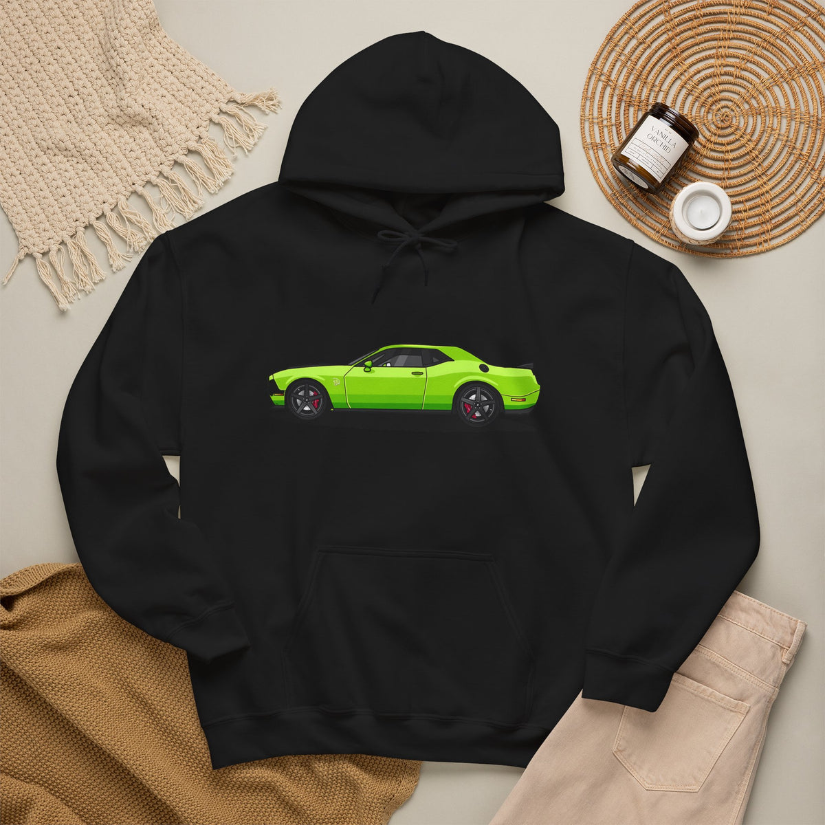 Green Muscle Car Hoodie – Neon Challenger Side-Profile Graphic