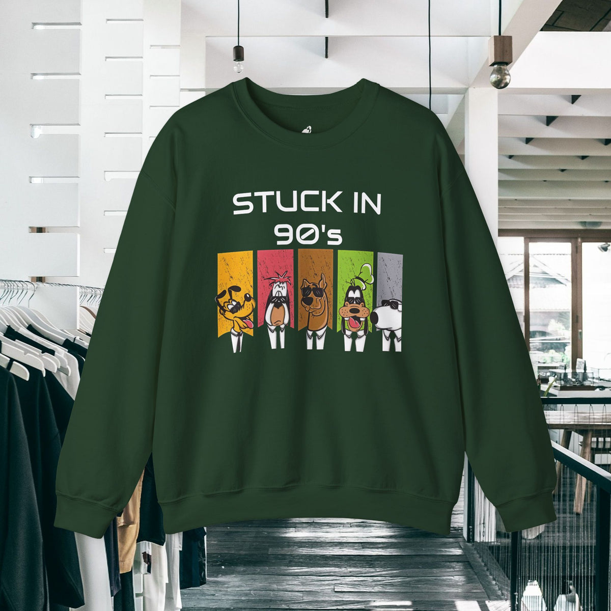 Stuck in 90s Crewneck Sweatshirt — Retro Cartoon Character 90s Nostalgia Pullover