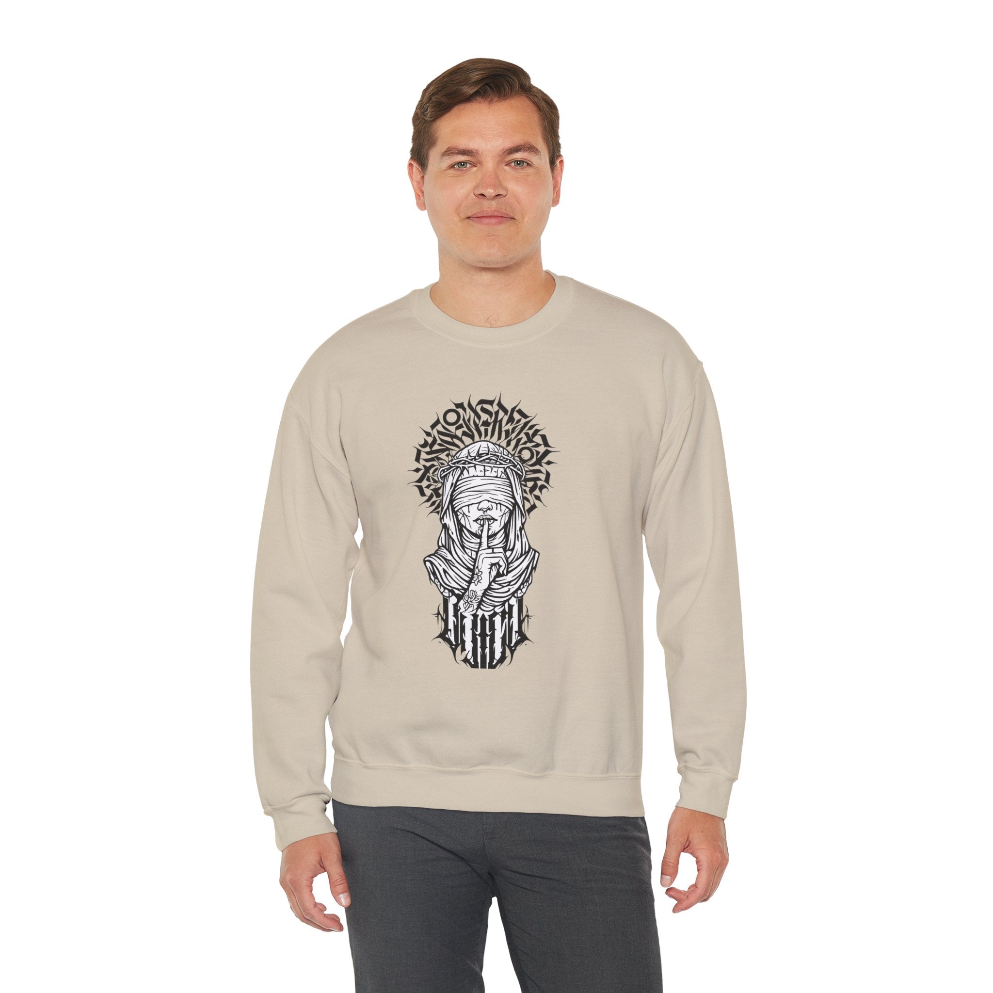 Shh… Angel Graphic Sweatshirt — Gothic Guardian Crewneck