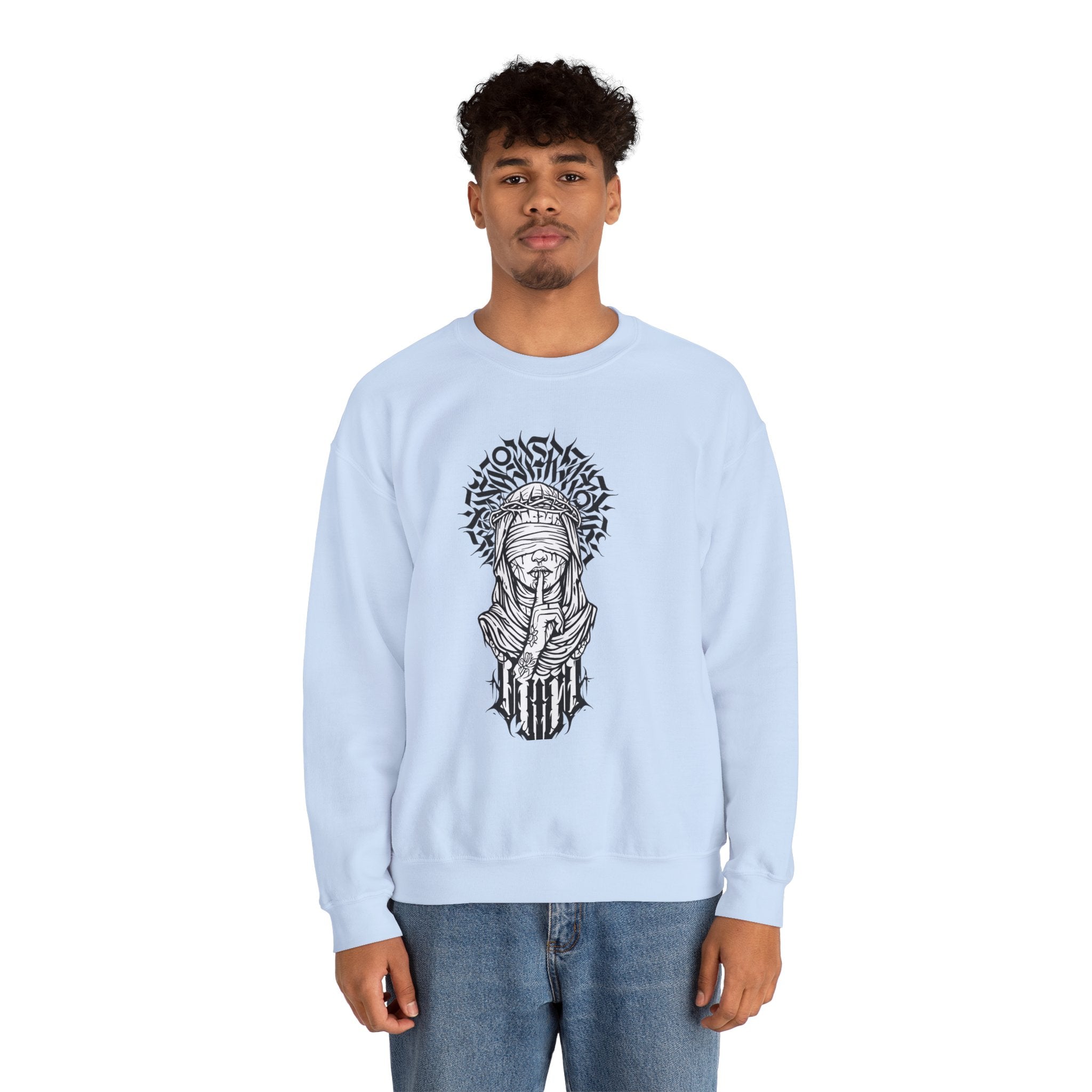 Shh… Angel Graphic Sweatshirt — Gothic Guardian Crewneck