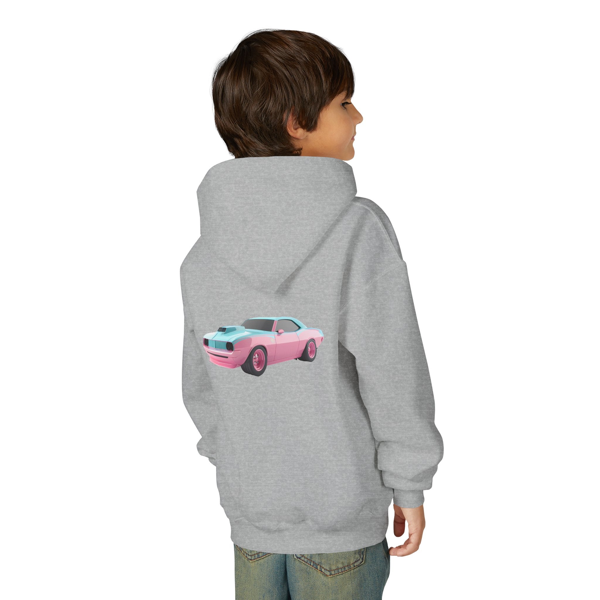 Youth Hoodie — 'CLASSIC' Retro Pink & Teal Muscle Car Graphic