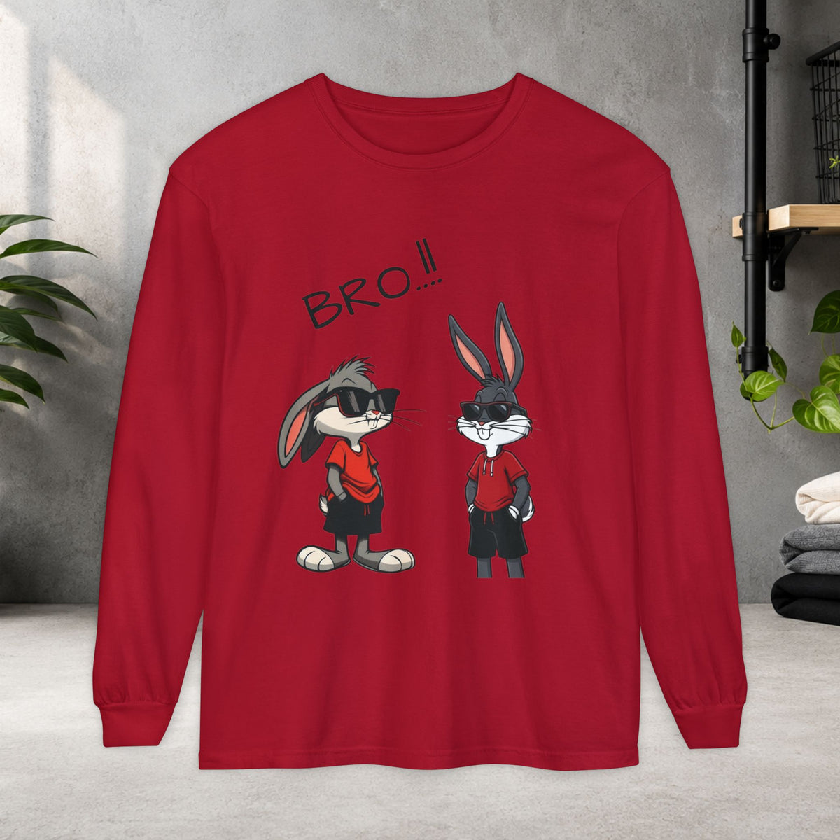 Bro! Cartoon Bunny Brothers Long Sleeve Tee — Funny Retro Rabbit Graphic Shirt