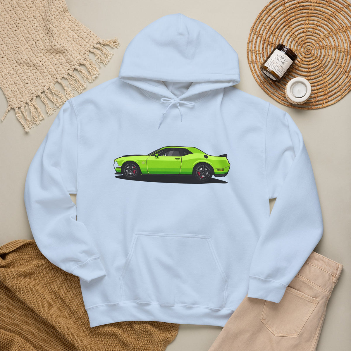Green Muscle Car Hoodie – Neon Challenger Side-Profile Graphic
