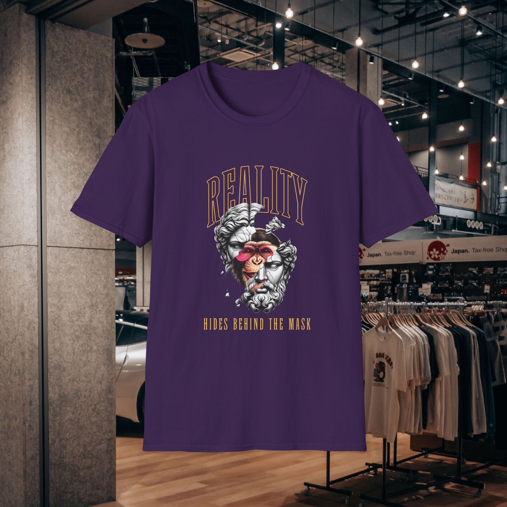 Reality Mask T-Shirt — Vintage Statue Graphic Tee ("Reality: Hides Behind The Mask")