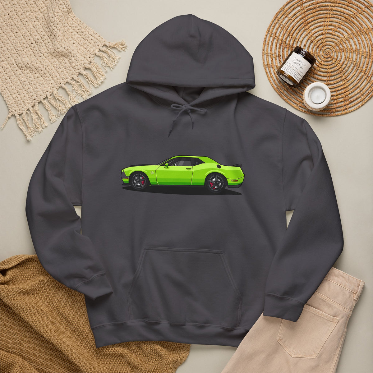 Green Muscle Car Hoodie – Neon Challenger Side-Profile Graphic