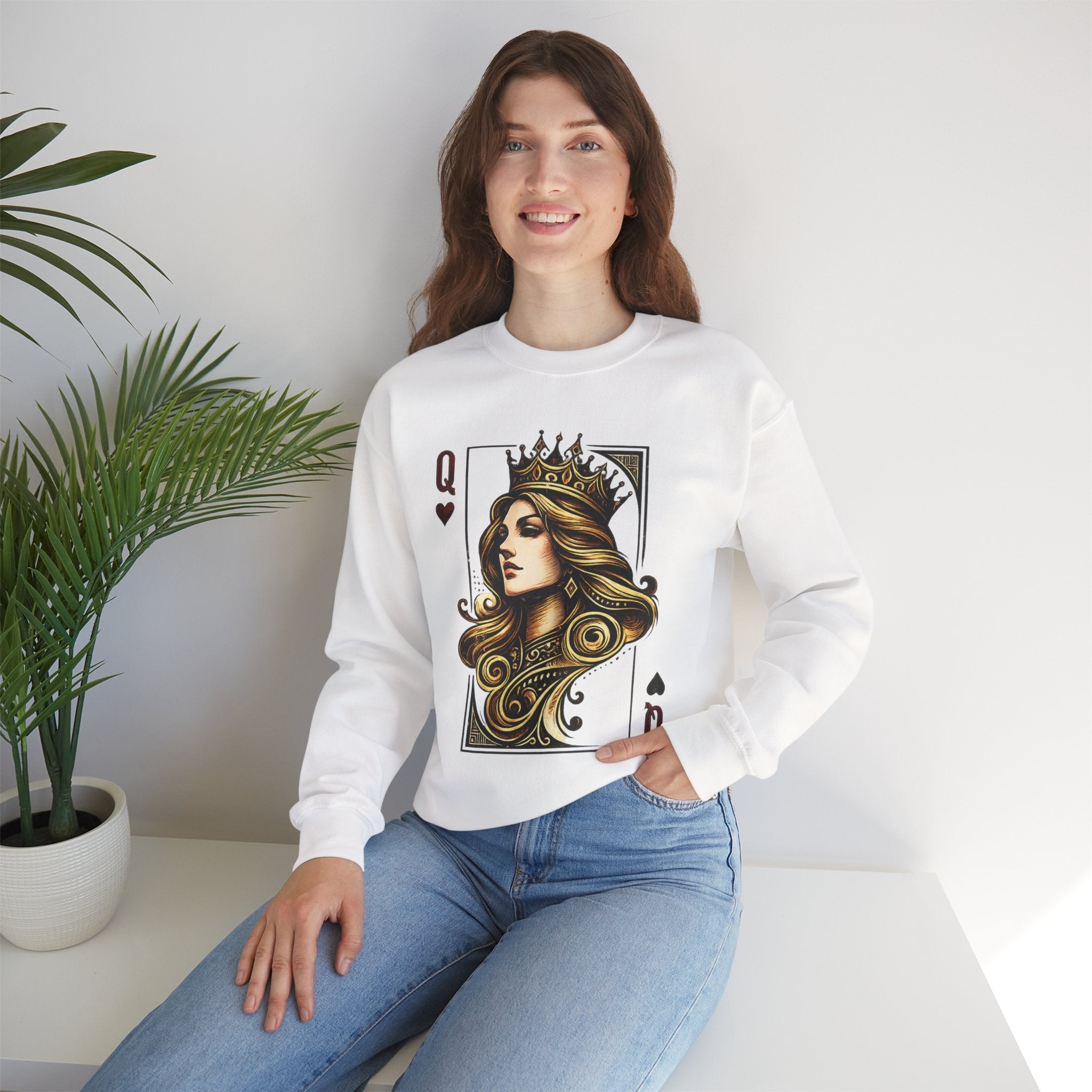 Queen Sweatshirt — 'Queen 01' Crewneck for Women (Regal Card Design)