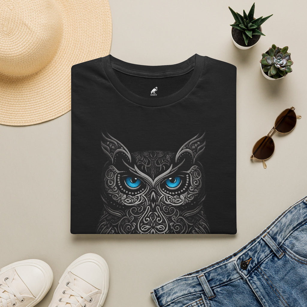 Owl Mandala T-Shirt — Intricate Night Owl Design with Blue Eyes