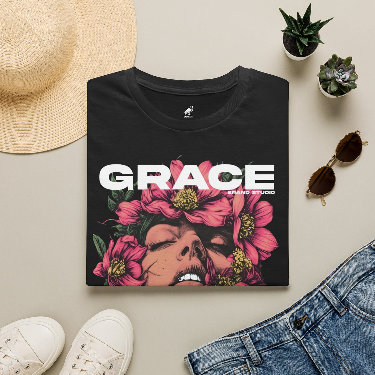 Grace Floral Portrait T-Shirt — Bold Graphic Tee with 'GRACE' Text