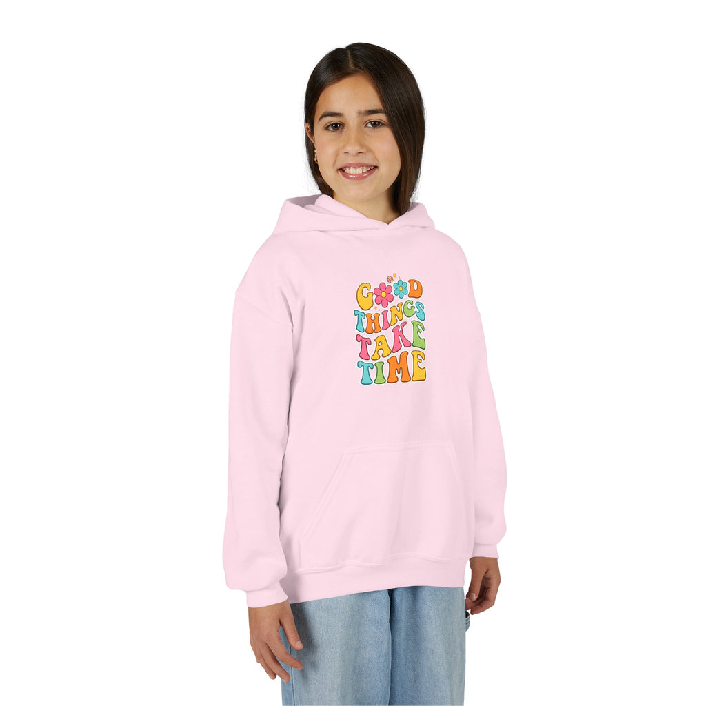 Good Things Take Time Youth Hoodie — Retro Rainbow Motivational Sweatshirt