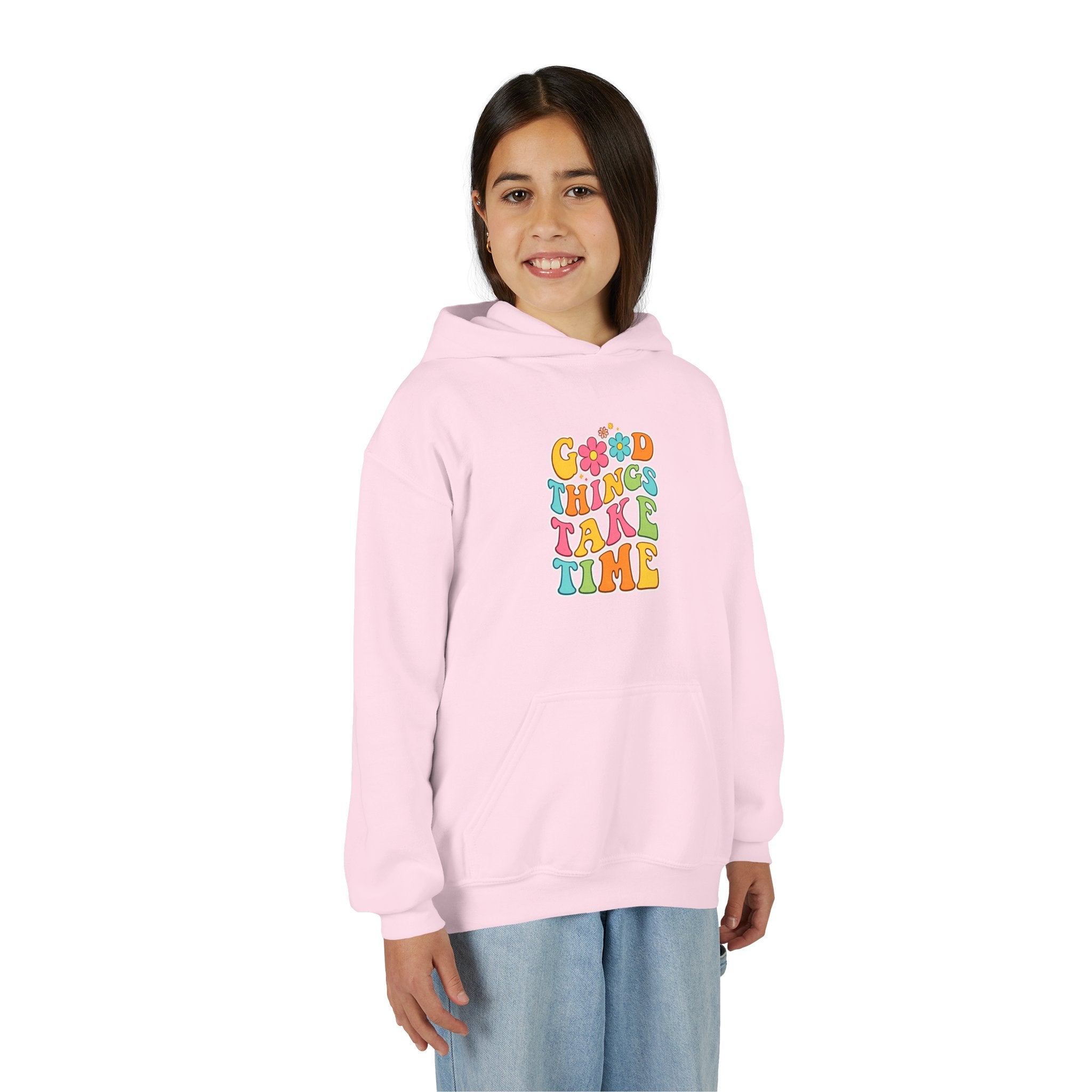 Good Things Take Time Youth Hoodie — Retro Rainbow Motivational Sweatshirt