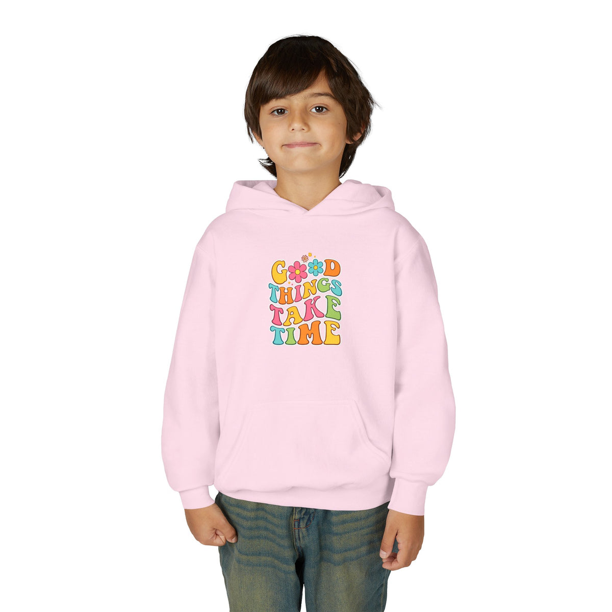 Good Things Take Time Youth Hoodie — Retro Rainbow Motivational Sweatshirt