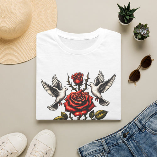 Blessed Rose Tee — Vintage Doves & Thorny Red Rose Graphic T-Shirt