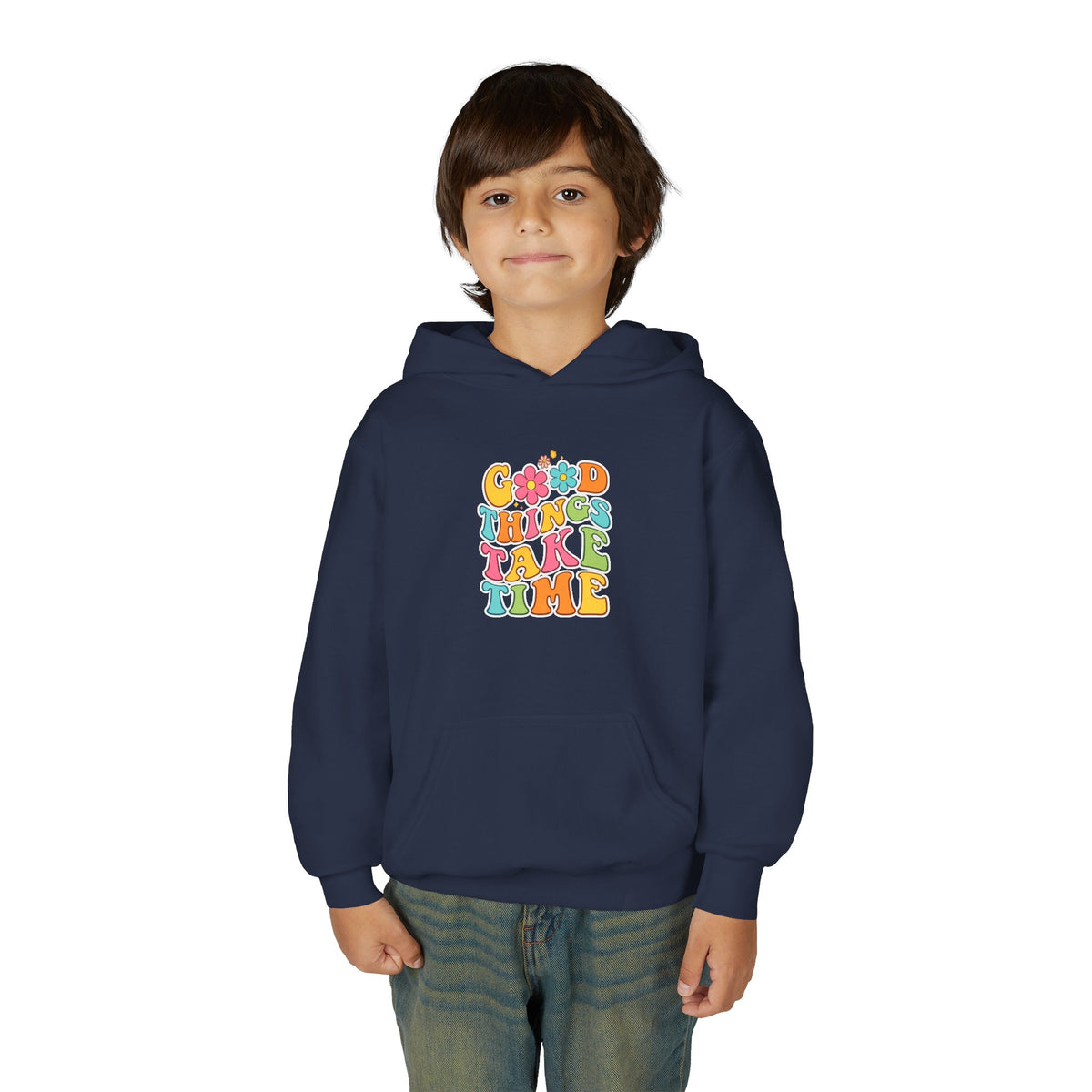 Good Things Take Time Youth Hoodie — Retro Rainbow Motivational Sweatshirt