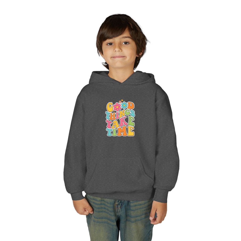 Good Things Take Time Youth Hoodie — Retro Rainbow Motivational Sweatshirt