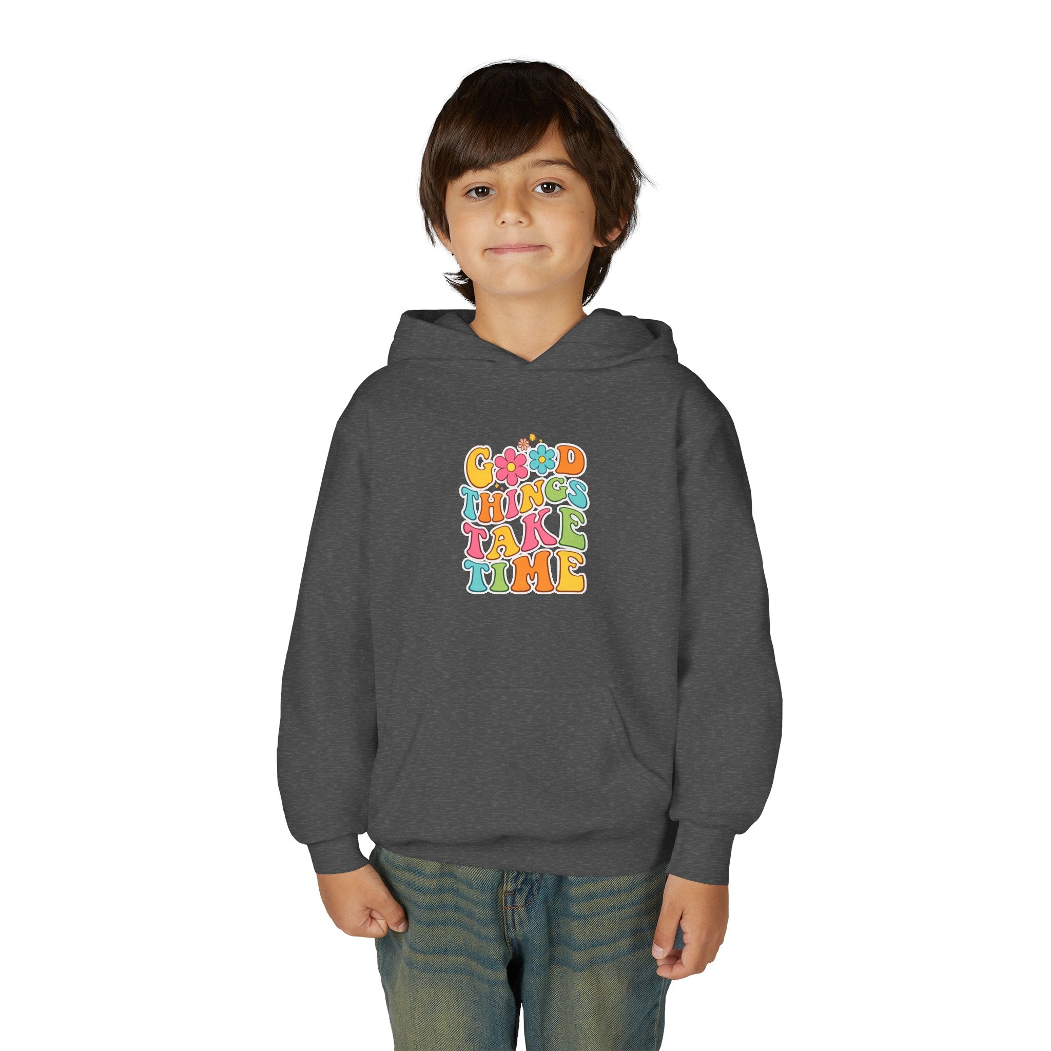 Good Things Take Time Youth Hoodie — Retro Rainbow Motivational Sweatshirt