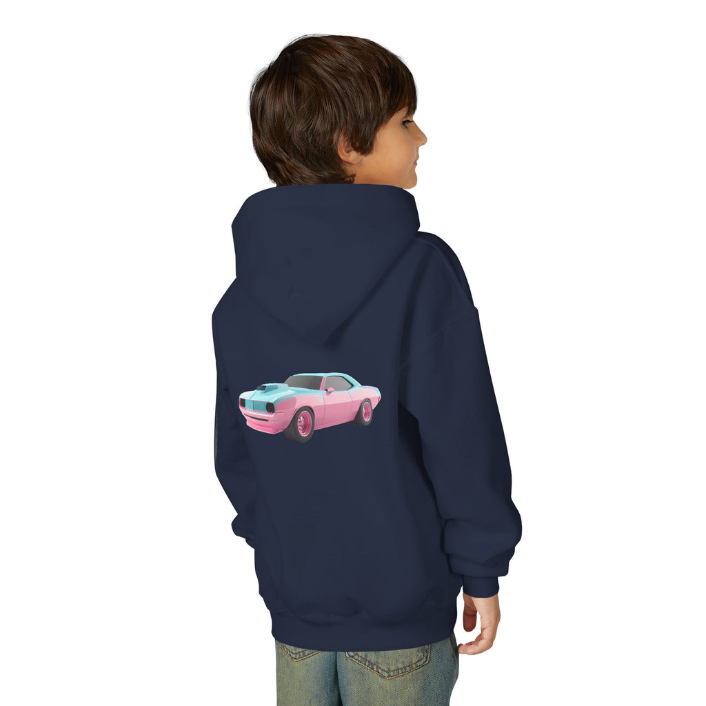 Youth Hoodie — 'CLASSIC' Retro Pink & Teal Muscle Car Graphic