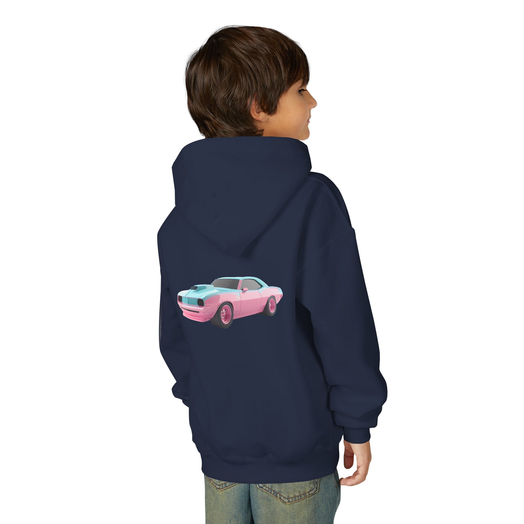 Youth Hoodie — 'CLASSIC' Retro Pink & Teal Muscle Car Graphic