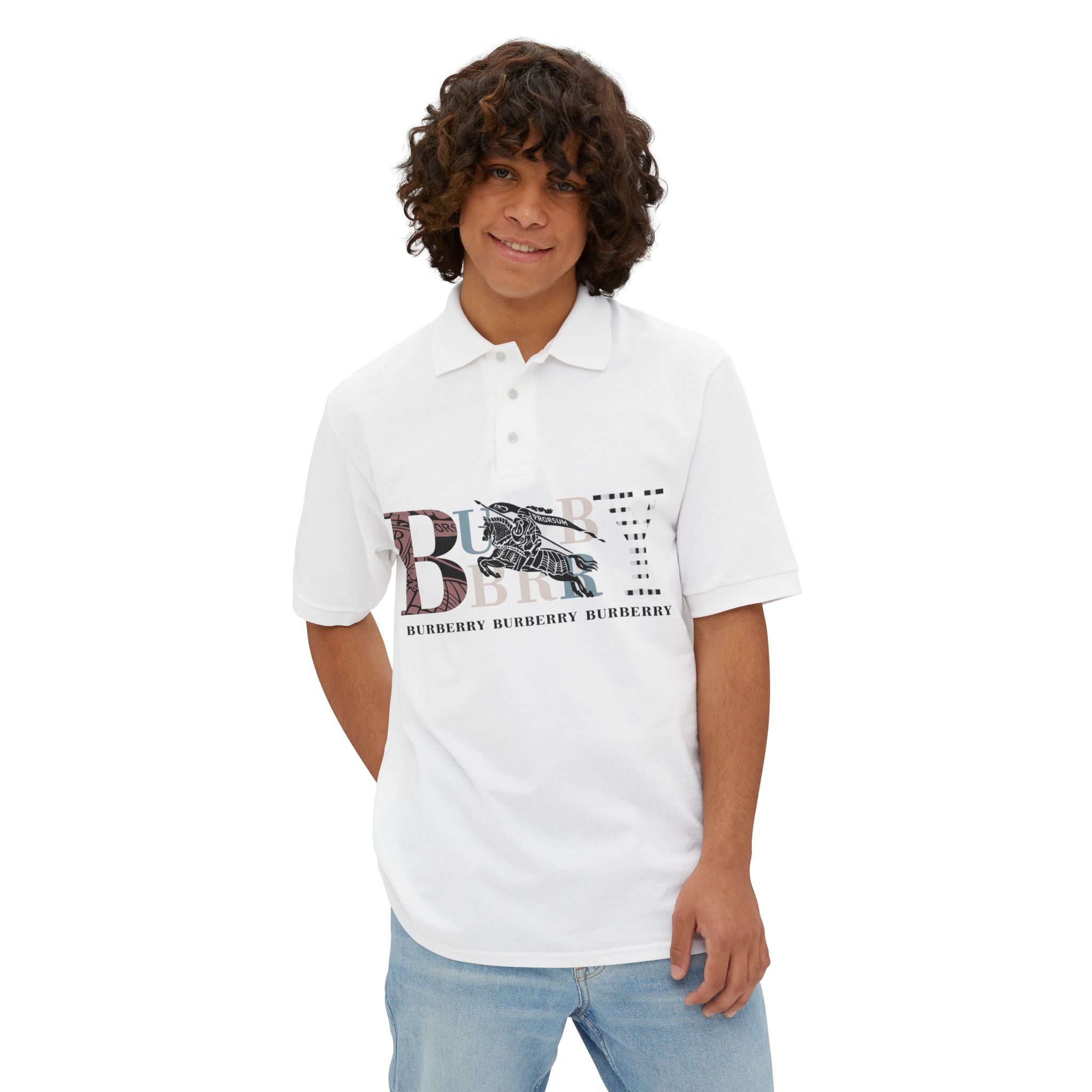 Men's Polo Shirt — Vintage Burbury Logo Graphic with Equestrian Emblem