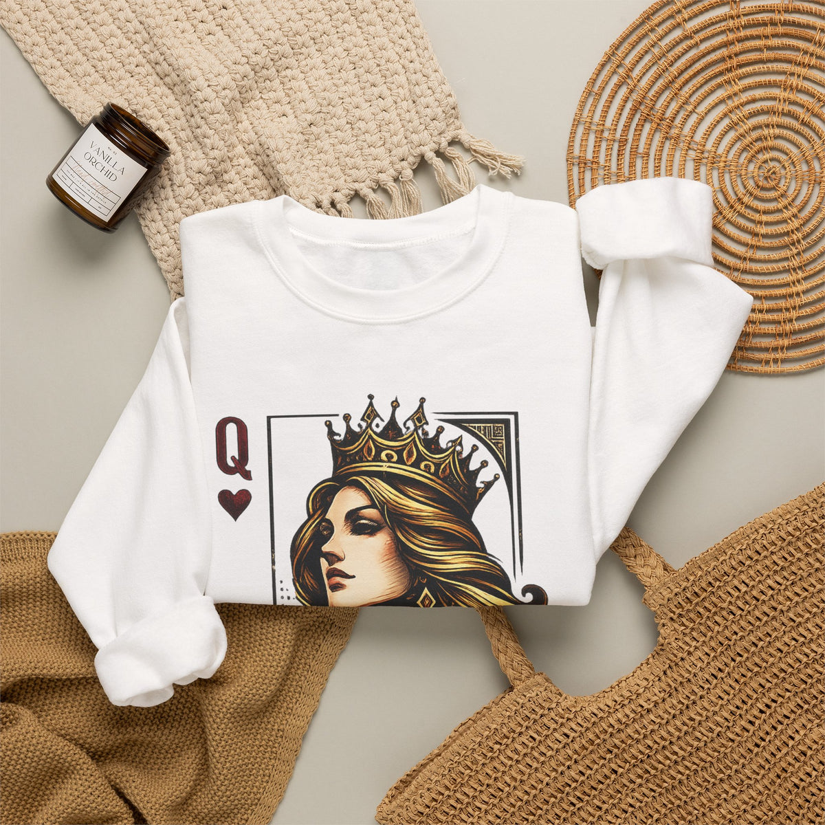 Queen Sweatshirt — 'Queen 01' Crewneck for Women (Regal Card Design)