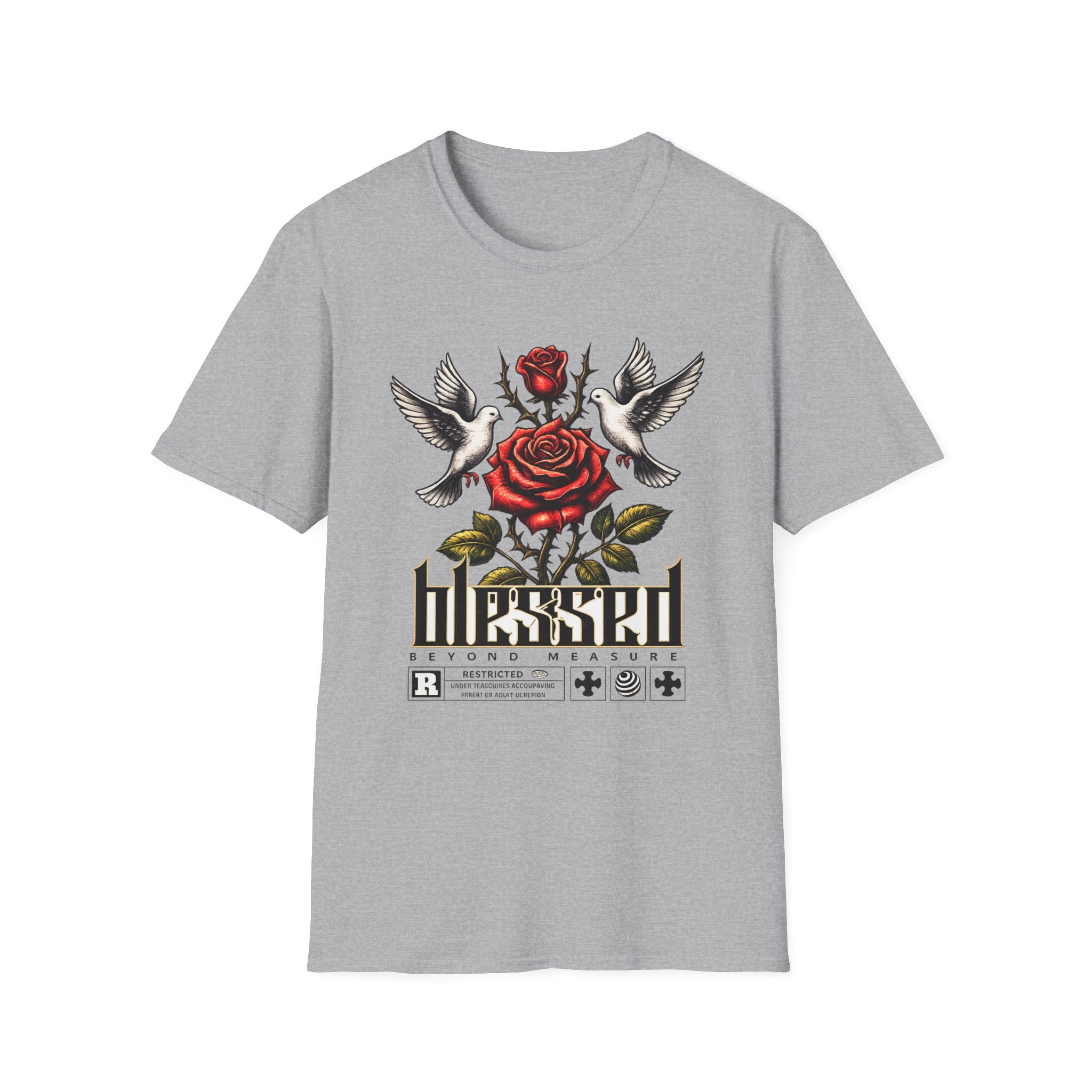 Blessed Rose Tee — Vintage Doves & Thorny Red Rose Graphic T-Shirt