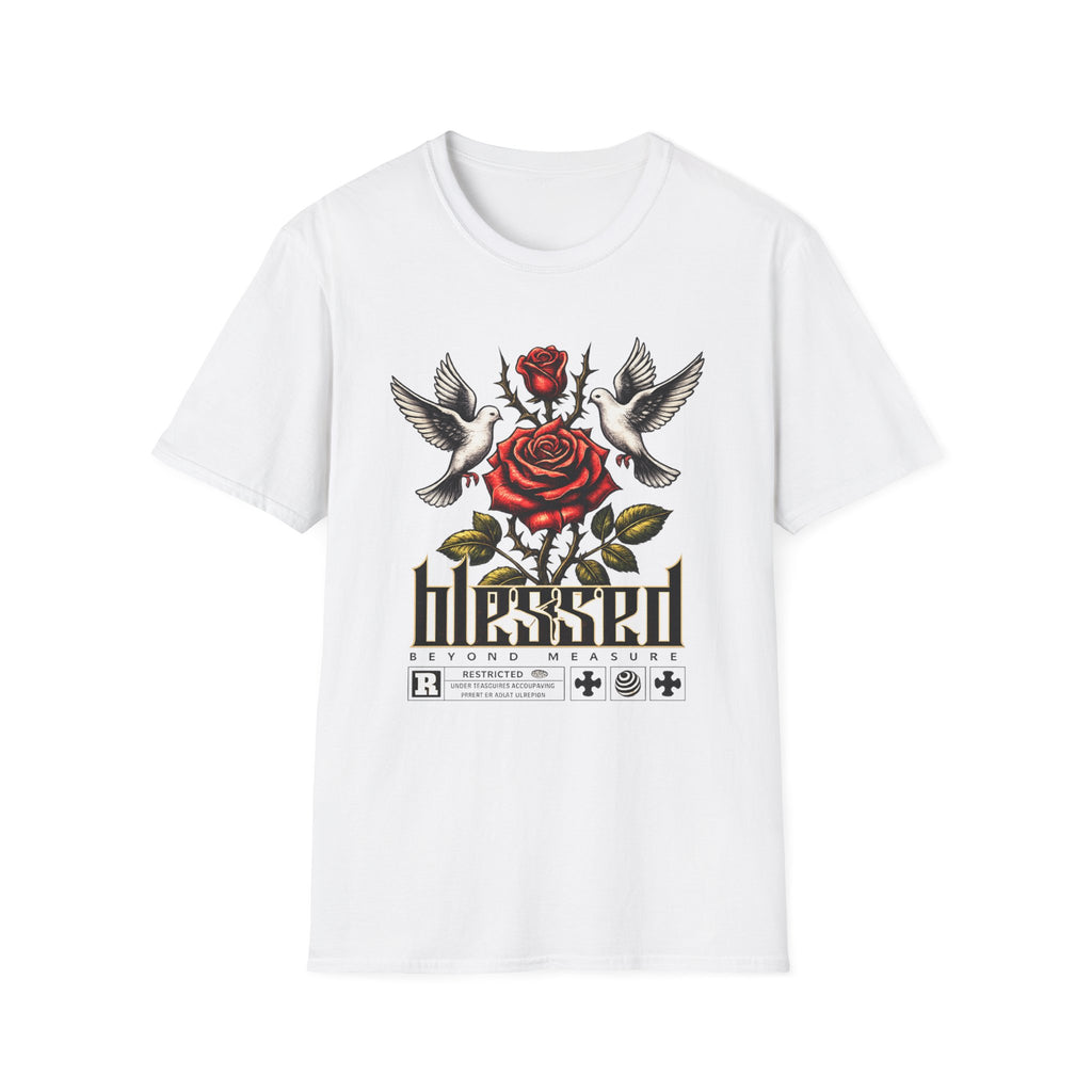 Blessed Rose Tee — Vintage Doves & Thorny Red Rose Graphic T-Shirt