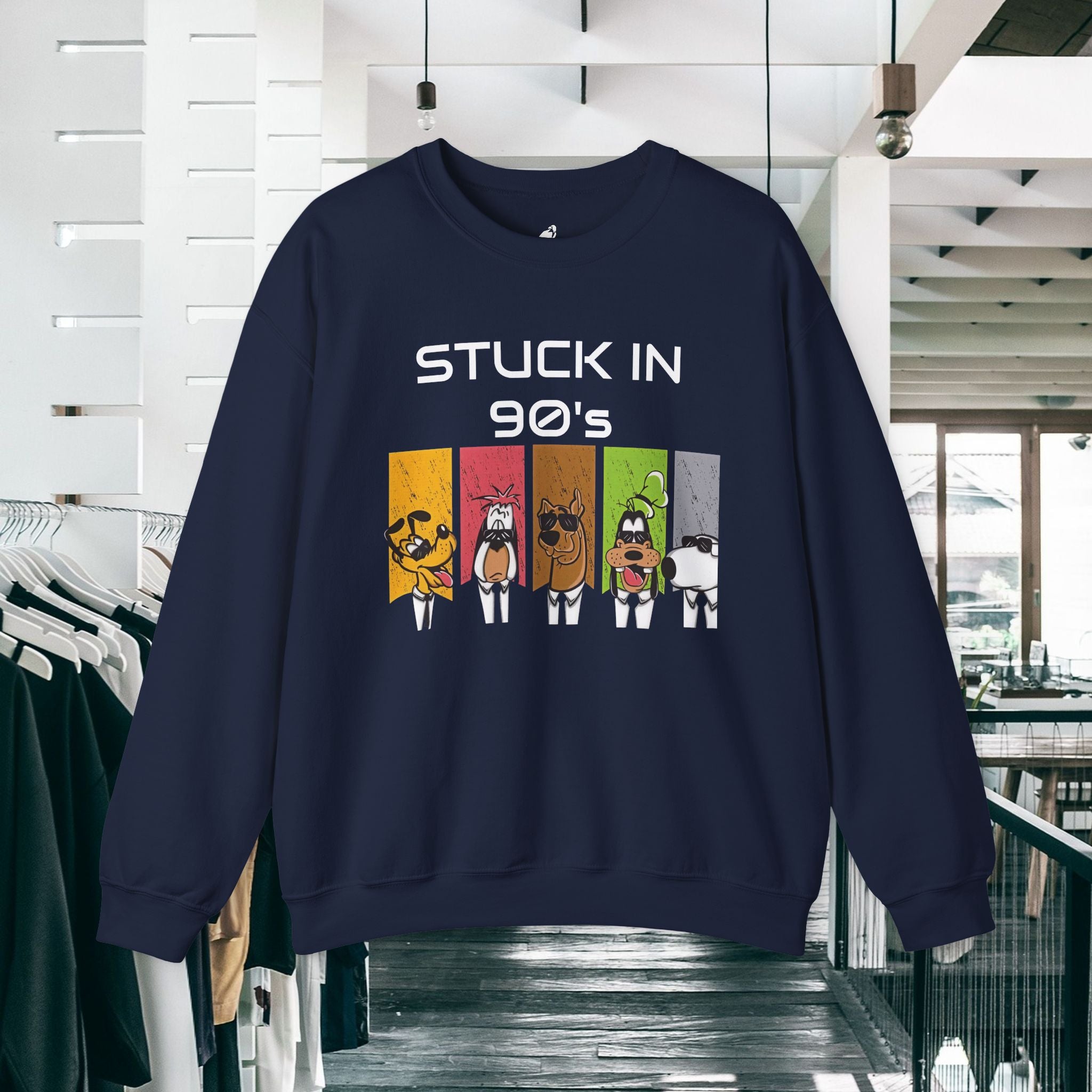 Stuck in 90s Crewneck Sweatshirt — Retro Cartoon Character 90s Nostalgia Pullover