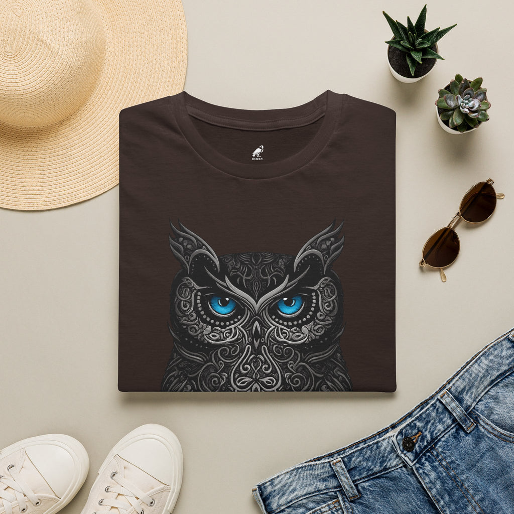 Owl Mandala T-Shirt — Intricate Night Owl Design with Blue Eyes