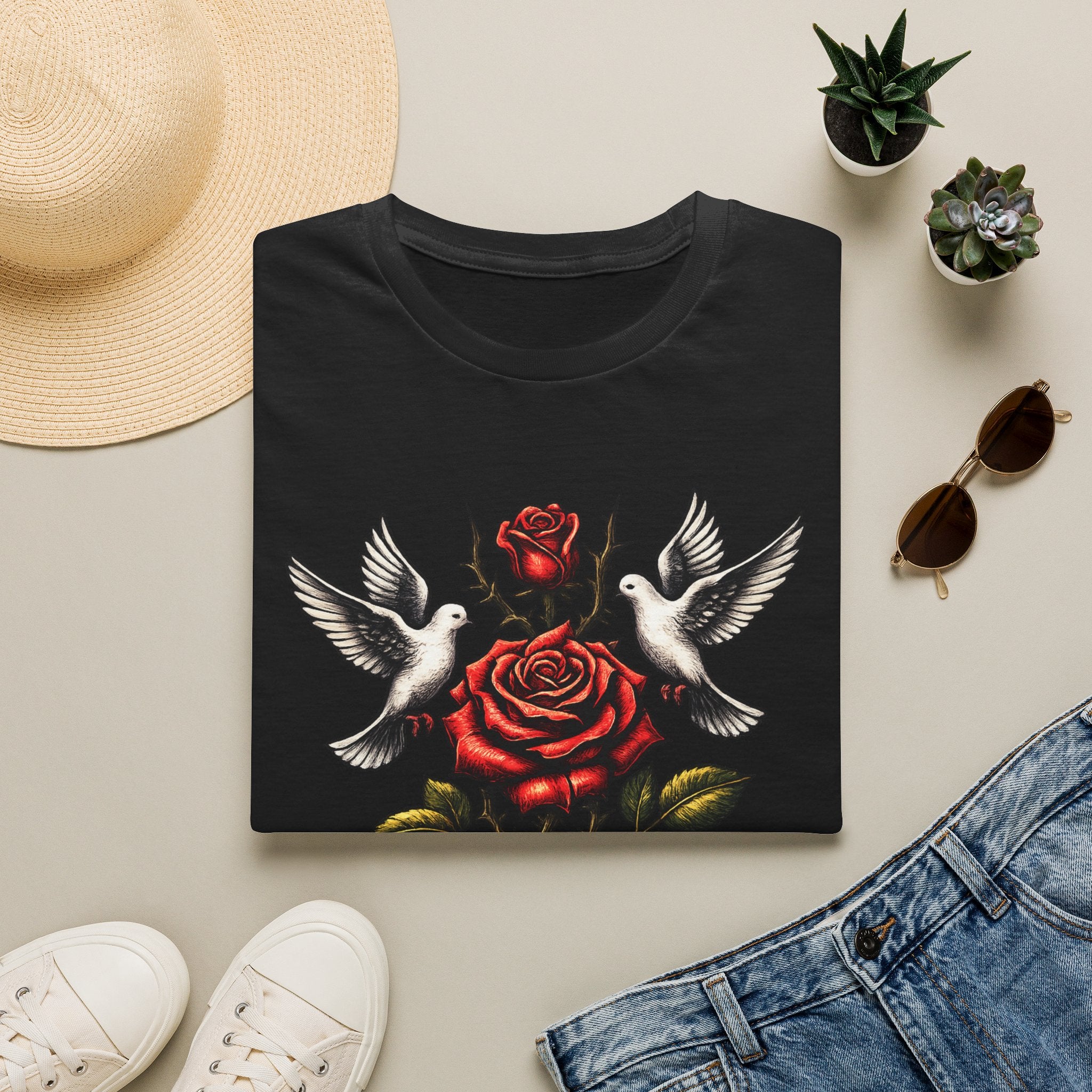 Blessed Rose Tee — Vintage Doves & Thorny Red Rose Graphic T-Shirt