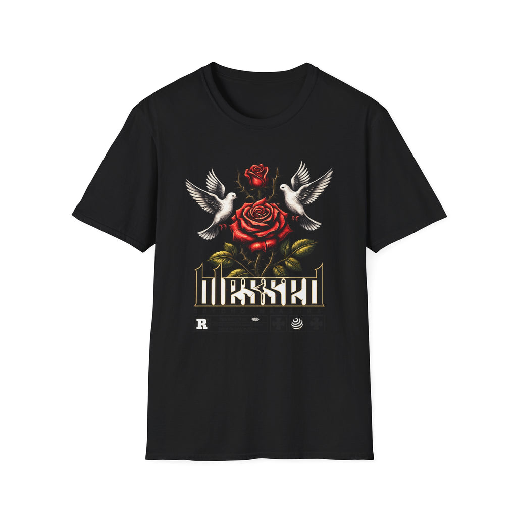 Blessed Rose Tee — Vintage Doves & Thorny Red Rose Graphic T-Shirt