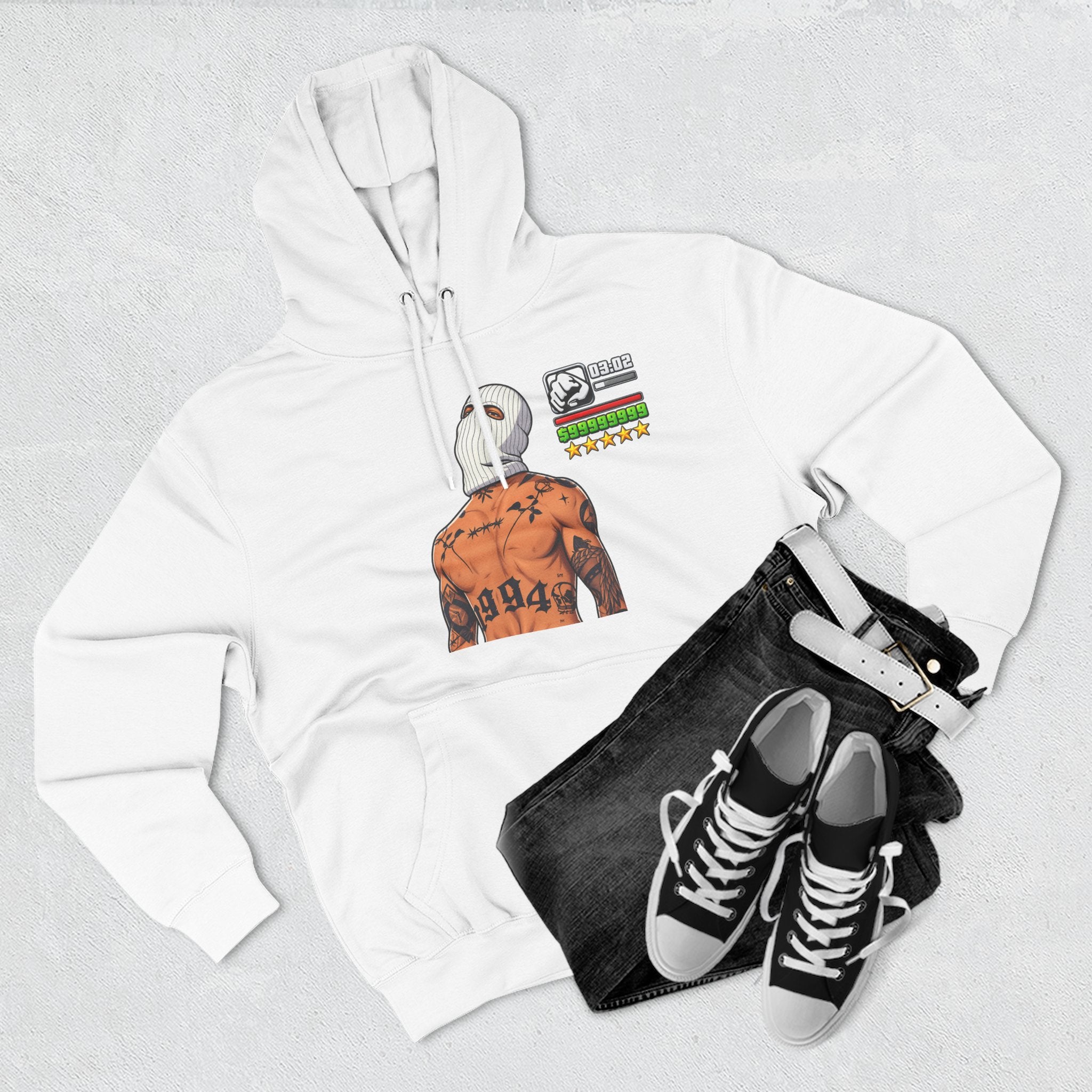 GTA Hoodie — Graphic Back Tattooed Figure with Flags Streetwear
