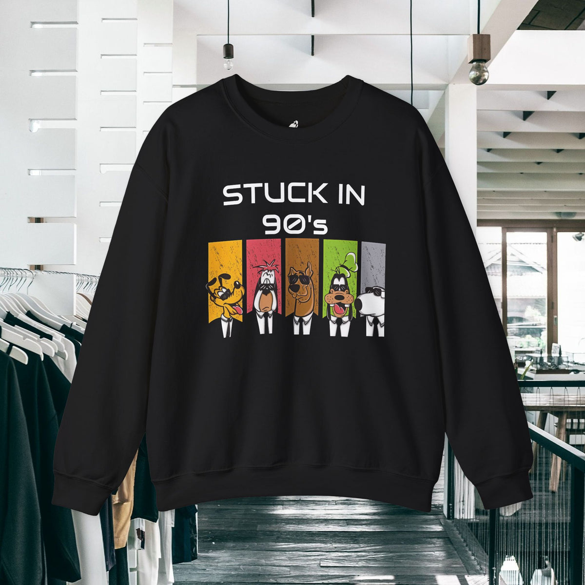 Stuck in 90s Crewneck Sweatshirt — Retro Cartoon Character 90s Nostalgia Pullover