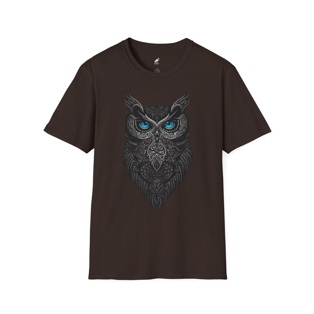 Owl Mandala T-Shirt — Intricate Night Owl Design with Blue Eyes