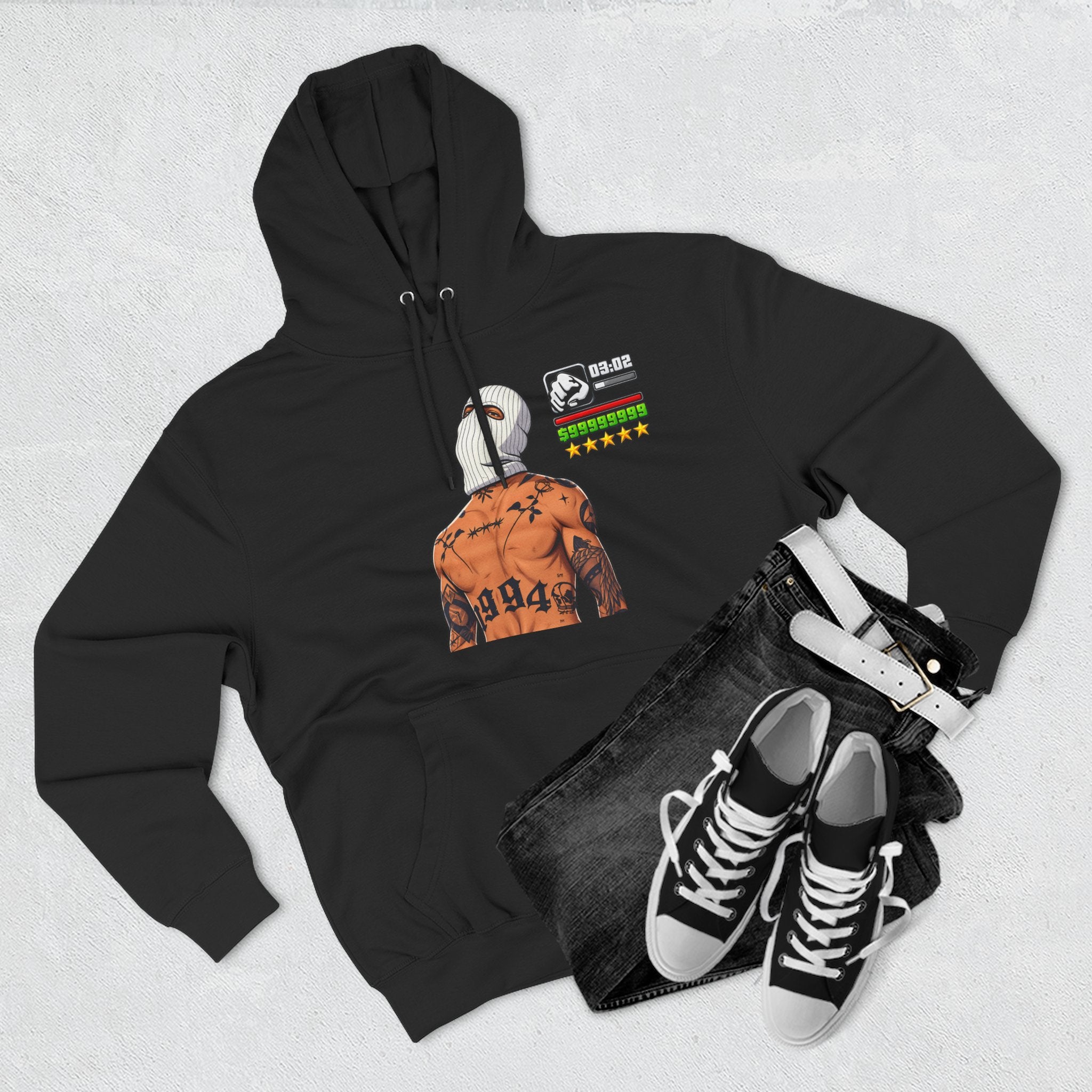 GTA Hoodie — Graphic Back Tattooed Figure with Flags Streetwear