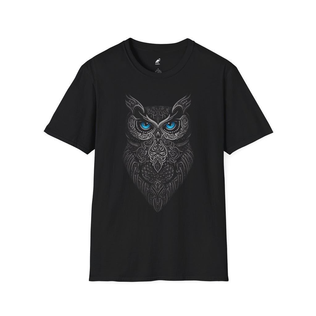 Owl Mandala T-Shirt — Intricate Night Owl Design with Blue Eyes
