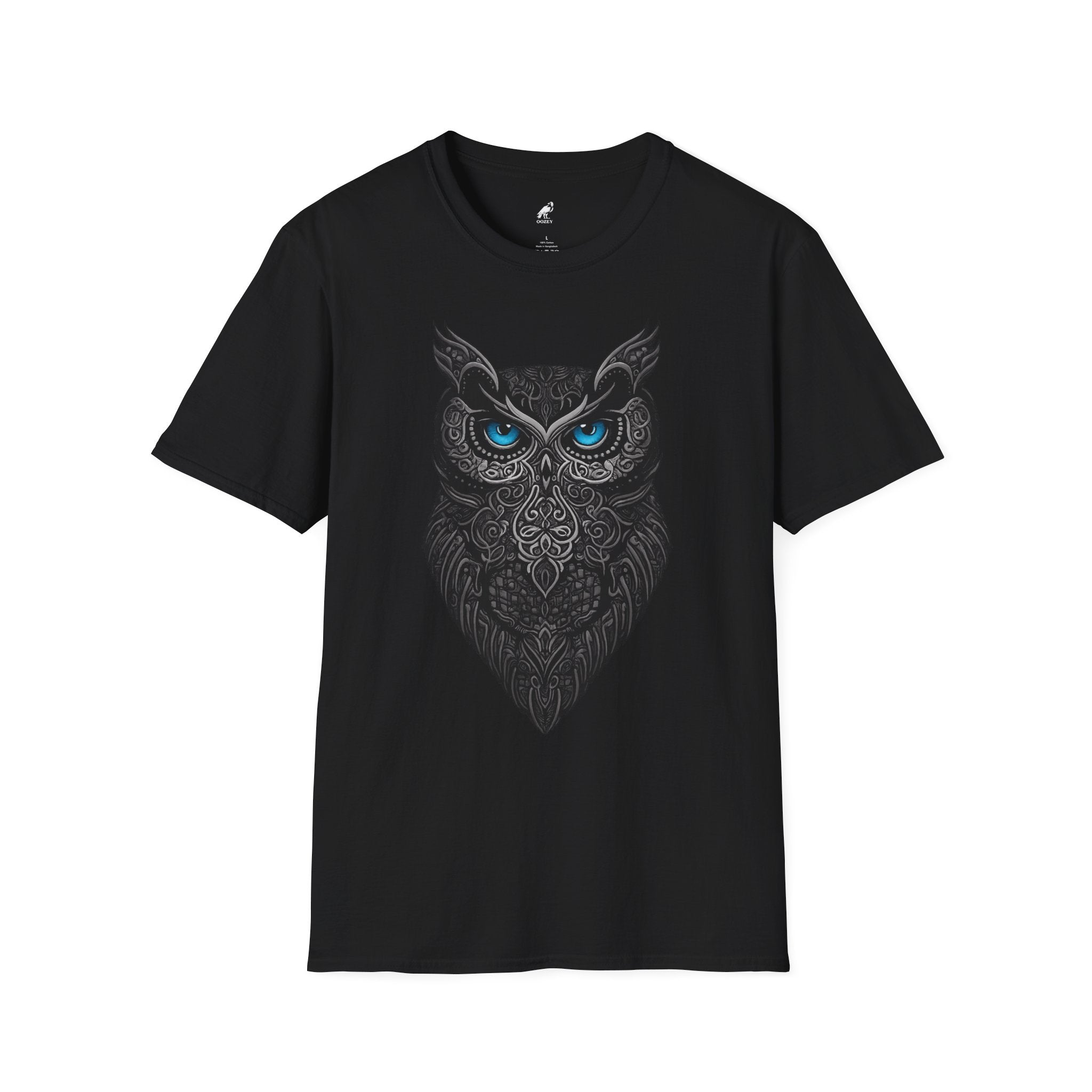 Owl Mandala T-Shirt — Intricate Night Owl Design with Blue Eyes