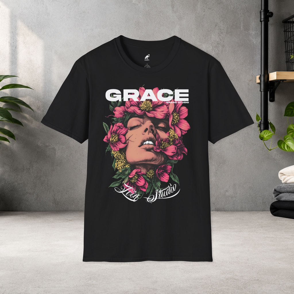 Grace Floral Portrait T-Shirt — Bold Graphic Tee with 'GRACE' Text