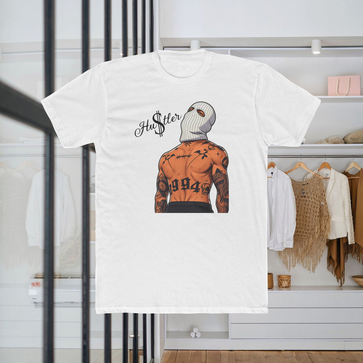 1994 Tattooed Figure Graphic Tee — 'Hustler' Balaclava Back Design