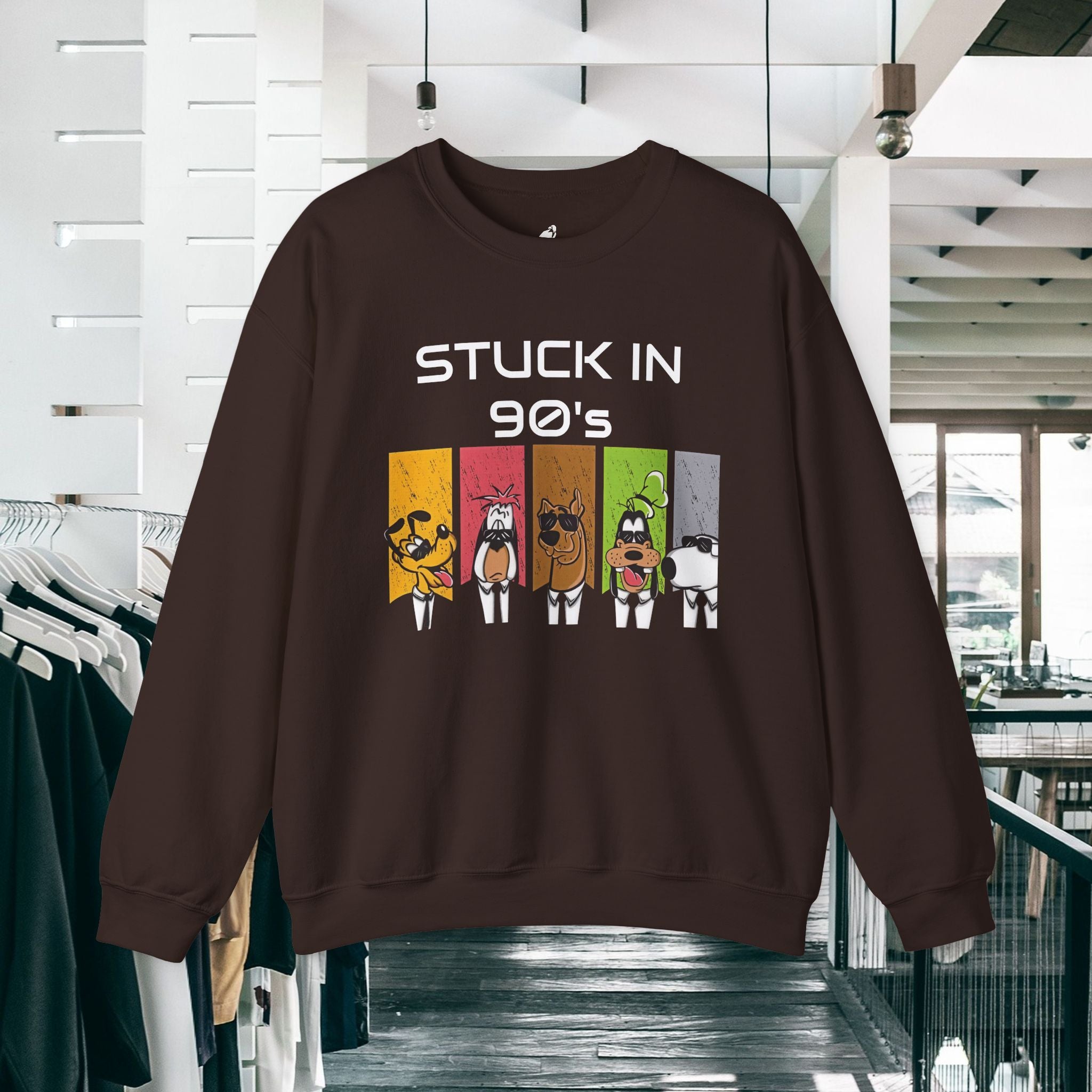 Stuck in 90s Crewneck Sweatshirt — Retro Cartoon Character 90s Nostalgia Pullover