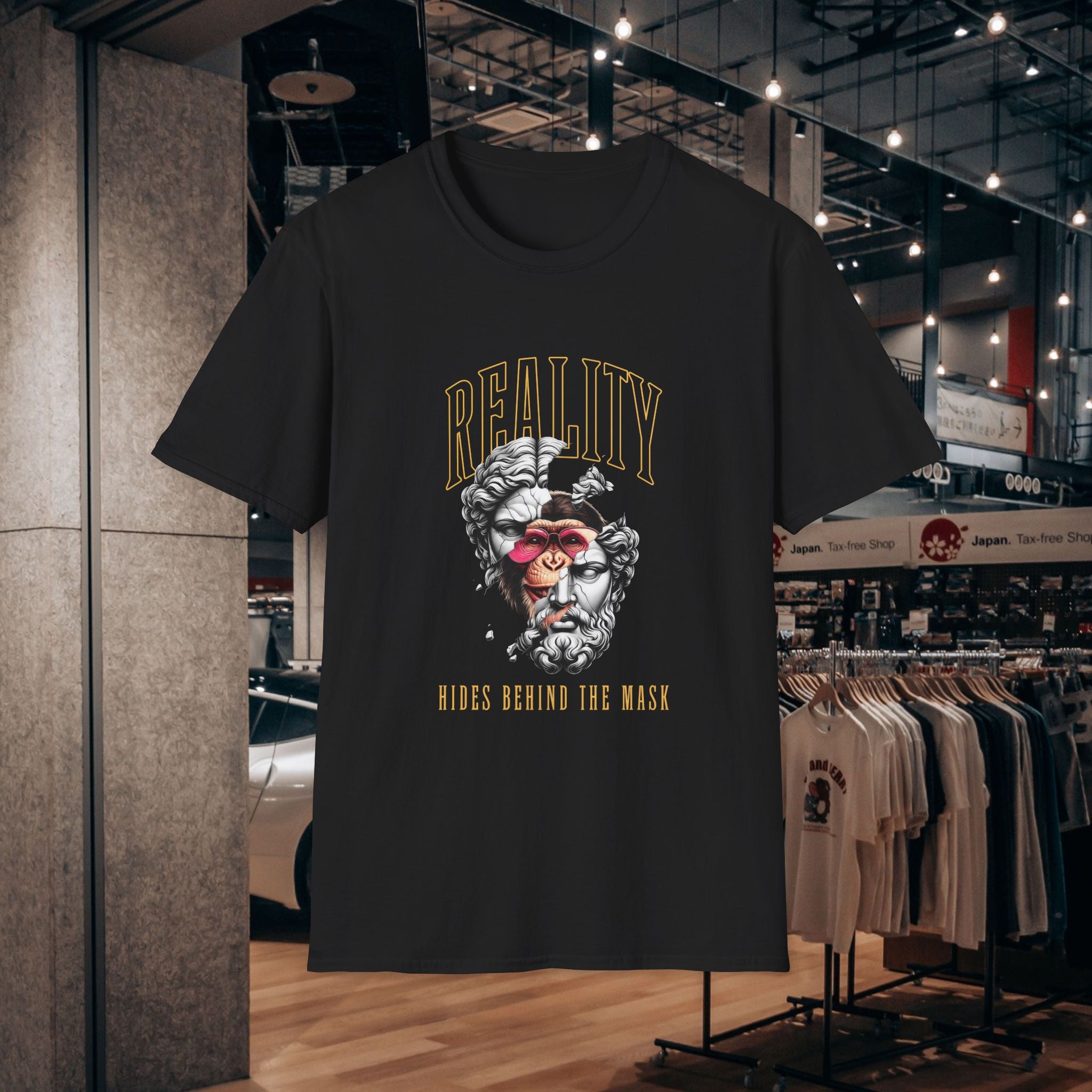 Reality Mask T-Shirt — Vintage Statue Graphic Tee ("Reality: Hides Behind The Mask")