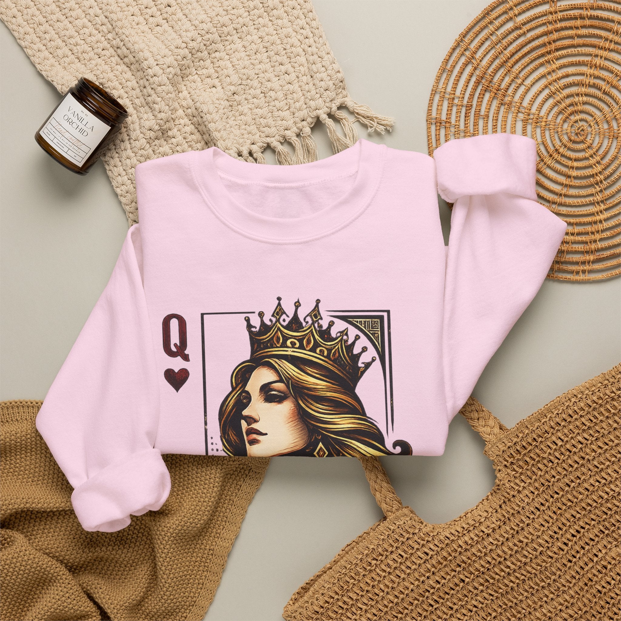 Queen Sweatshirt — 'Queen 01' Crewneck for Women (Regal Card Design)