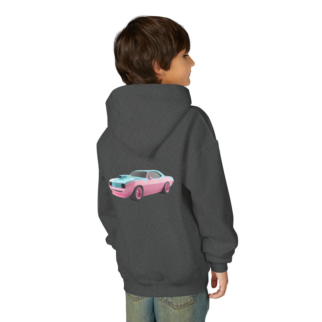 Youth Hoodie — 'CLASSIC' Retro Pink & Teal Muscle Car Graphic