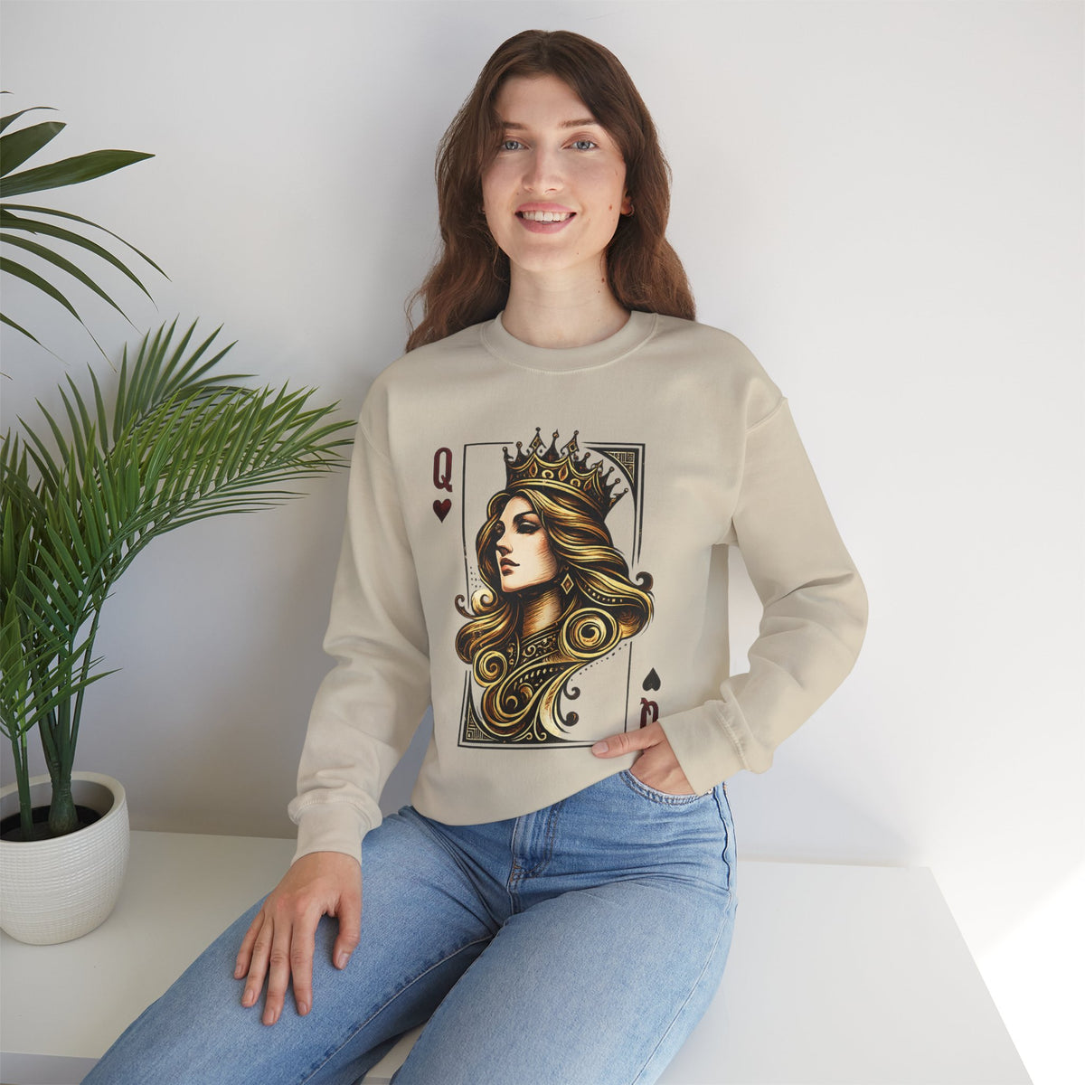 Queen Sweatshirt — 'Queen 01' Crewneck for Women (Regal Card Design)