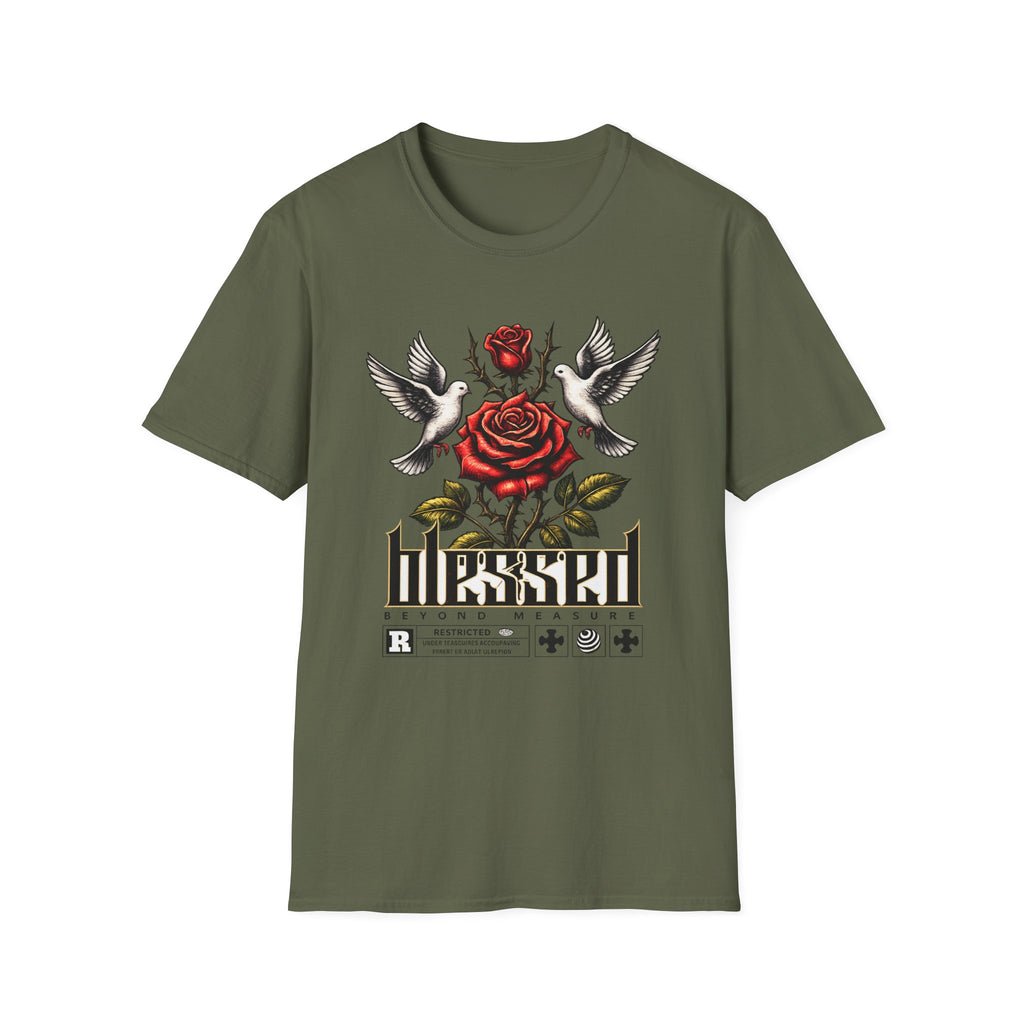 Blessed Rose Tee — Vintage Doves & Thorny Red Rose Graphic T-Shirt