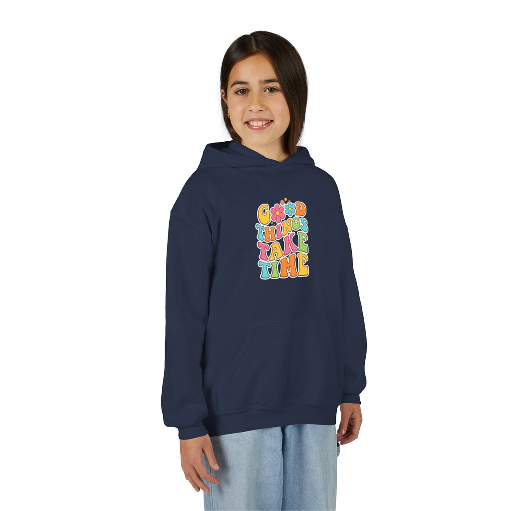 Good Things Take Time Youth Hoodie — Retro Rainbow Motivational Sweatshirt