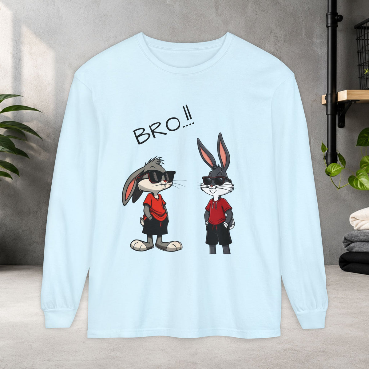 Bro! Cartoon Bunny Brothers Long Sleeve Tee — Funny Retro Rabbit Graphic Shirt