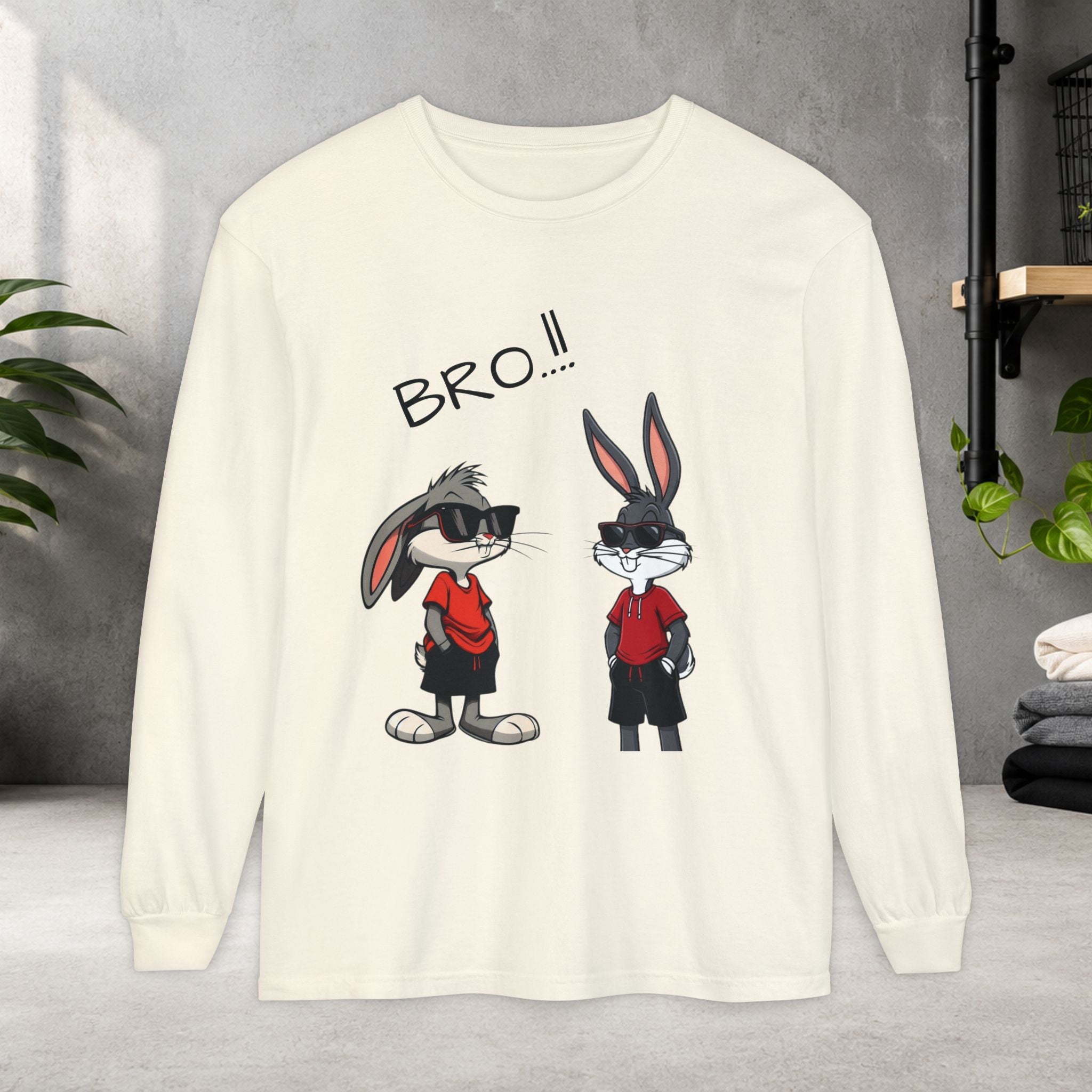 Bro! Cartoon Bunny Brothers Long Sleeve Tee — Funny Retro Rabbit Graphic Shirt